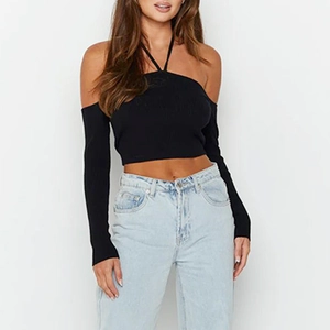 Slim fit black off-shoulder ribbed long sleeve crop top with halter neck detail