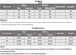 Size chart for sleeveless ribbed bodysuit with bust, waist and length measurements
