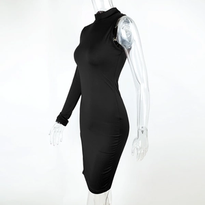 Detail of asymmetric black bodycon dress featuring one long sleeve and mock neck