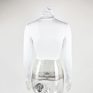 Back view of a white high-neck cropped long sleeve top on a professional mannequin