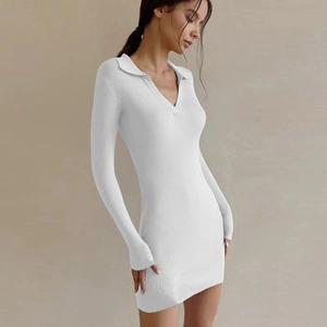 Women Sexy Bodycon Ribbed Knit Mini Dress Long Sleeve Polo Lapel V Neck Slim Fit Solid Color Short Base Dress