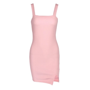 Rosa Rippstrick-Minikleid mit quadratischem Ausschnitt und Seitenschlitz, eng anliegend