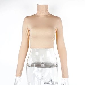 Detail view of the nude slim-fit cropped mock neck long sleeve top on a clear mannequin