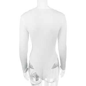 Detailed back view of white ribbed knit long sleeve bodysuit for women