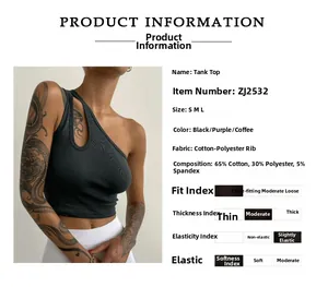 Detail view of product specifications and size chart for the black one-shoulder crop top