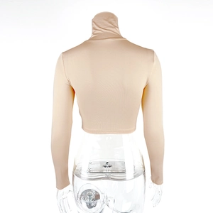 Rear view of a beige slim-fit mock neck long sleeve crop top on a clear mannequin