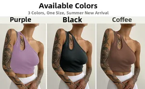 Three-color collage showing ribbed knit one-shoulder crop tops in purple, black, and brown