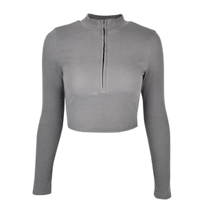 Slim fit dark grey ribbed cropped long sleeve top with half-zip stand collar