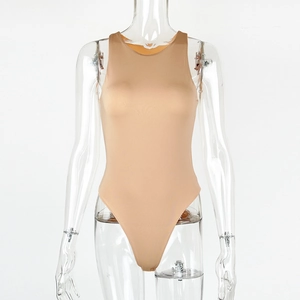 Detail of nude sleeveless bodysuit featuring a double-layer high-cut design and stretch fit