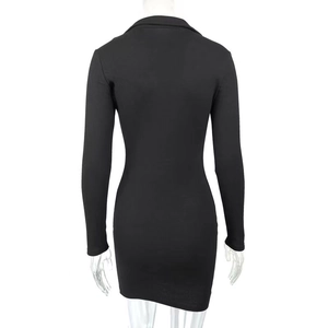Back view of a black slim-fit ribbed knit mini dress with long sleeves and lapel collar