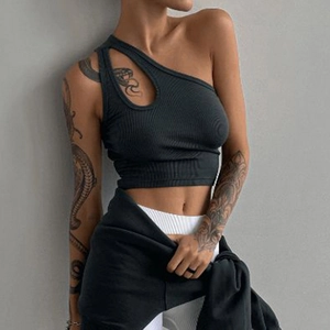 Slim fit black one-shoulder ribbed crop top featuring hollow-out strap design