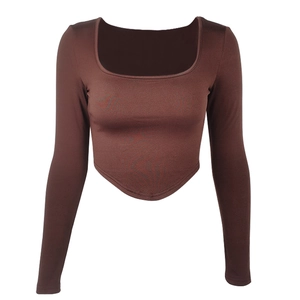 Slim fit long sleeve square neck crop top in brown with curved hem for women
