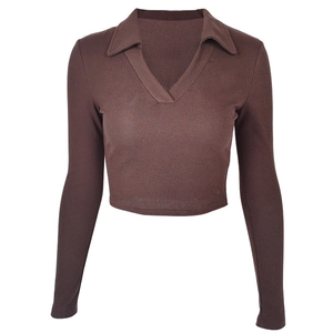 Vintage deep V-neck coffee brown ribbed knit polo crop top with long sleeves for women