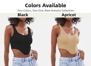 Detail view of slim fit ribbed corset tops with curved hem in black and beige colors