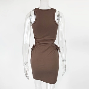 Detailed back view of a brown rib-knit bodycon dress with side drawstring ruching detail