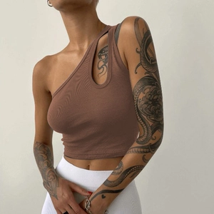 Slim fit brown one-shoulder ribbed crop top with stylish front cutout for women