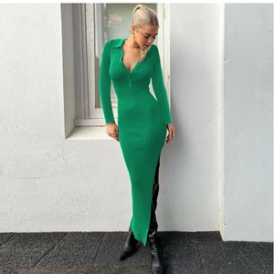 Slim fit long sleeve green knit dress with polo collar and side slit detailing