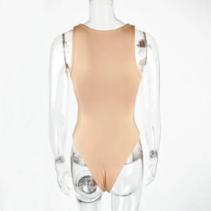 Rear view of nude sleeveless bodysuit with round neck and high cut leg on mannequin