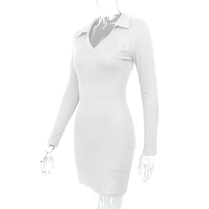 Detail of white rib-knit long sleeve dress featuring a polo collar and bodycon fit