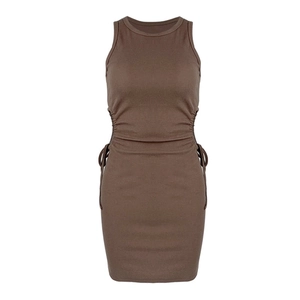 Brown ribbed knit bodycon dress with side ruching and drawstring waist design