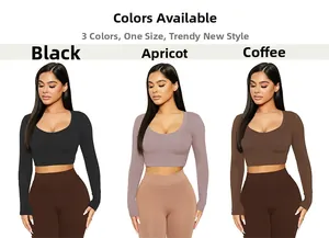 Detailed close-up of slim-fit U-neck crop tops in black, apricot, and coffee colors
