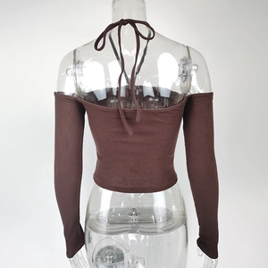 Rear view detail of brown halter off-shoulder ribbed knit crop top with neck ties
