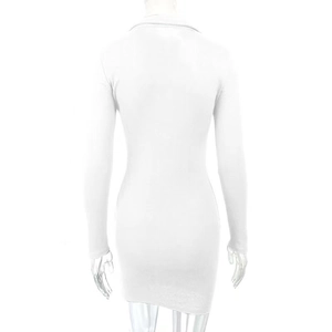 Close-up of white ribbed knit fabric on a long sleeve bodycon mini dress back view