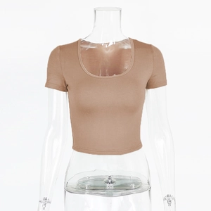 Slim fit brown U-neck crop top short sleeve casual t-shirt for women displayed on model