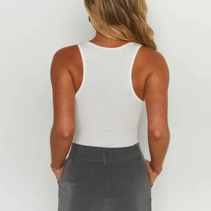 Back view of a white racerback tank top with slim fit and ribbed texture on female model