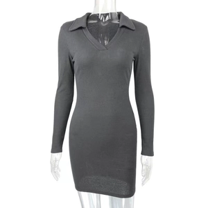 Detail of ribbed knit texture on dark grey long sleeve V-neck bodycon mini dress
