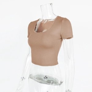 Close-up of a coffee brown slim fit crop top with a wide U-neck and short sleeves