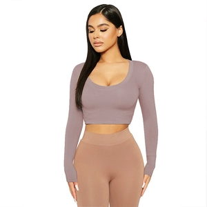 Close-up of mauve scoop neck long sleeve crop top in soft ribbed stretch knit fabric