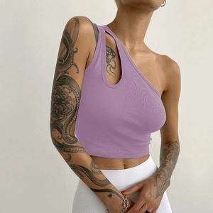 Purple one-shoulder cutout slim fit cropped tank top with ribbed texture on a model