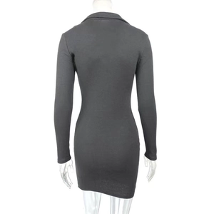 Detailed back view of dark grey ribbed knit mini dress with a classic turn-down collar
