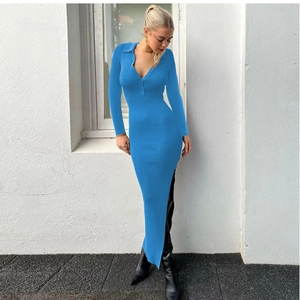 Detail of blue ribbed knit dress with polo collar and high side slit showing texture
