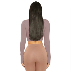 Women's tight yoga set featuring grey-purple long sleeve crop top and tan high waist leggings