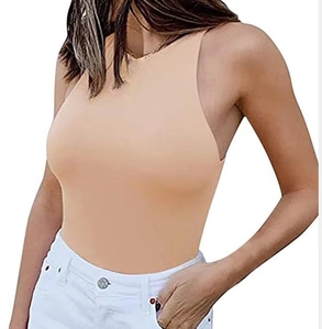 Detail of a beige sleeveless slimming bodysuit with a ribbed texture and a round neckline