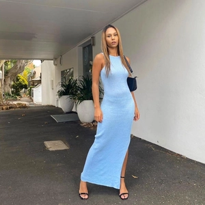 Slim fit light blue sleeveless knit maxi dress with side slit for summer fashion