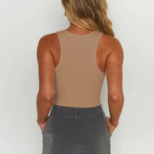 Women's khaki racerback ribbed tank top bodysuit with slim fit and U-neckline back view