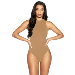 Women's summer khaki ribbed knit sleeveless bodysuit with a mock neck halter design