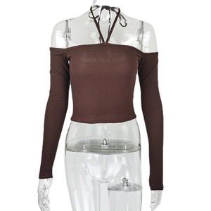 Slim fit dark brown halter off-shoulder ribbed knit long sleeve crop top for women