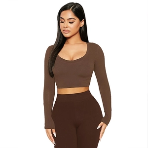 Slim fit brown U-neck long sleeve crop top and high waist leggings two-piece set