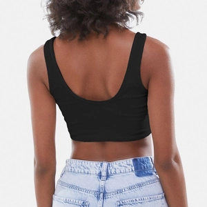 Slim fit black ribbed crop top for women featuring a deep round back and textured fabric