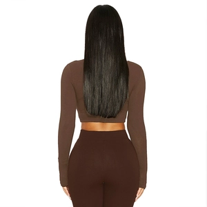 Back view of brown crop top and high waist leggings set with smooth fabric detail