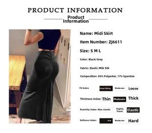 Size chart and fabric details for black high-waisted ruched bodycon maxi skirt