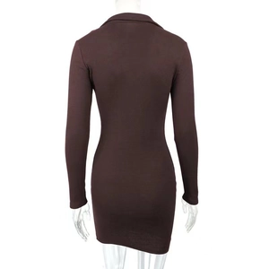 Detail view of the back of a dark brown ribbed knit long sleeve bodycon dress