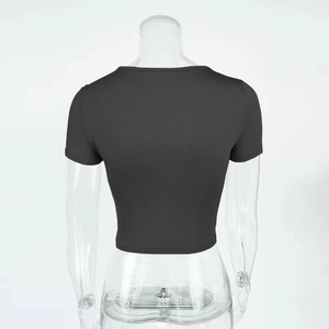 Back view of a black slim-fit crop top t-shirt with a smooth round neckline