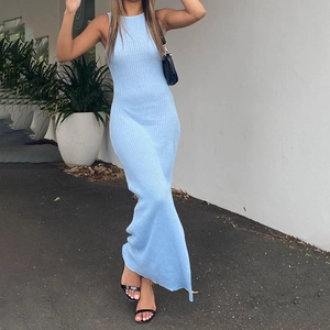Detailed knit texture and side slit of this light blue sleeveless summer maxi dress