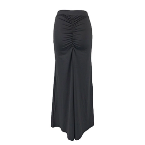 Women's black ruched maxi skirt with bodycon fit and vertical pleated details on back