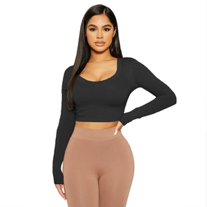 Slim fit black long sleeve crop top with stylish U-neck design for women fashion